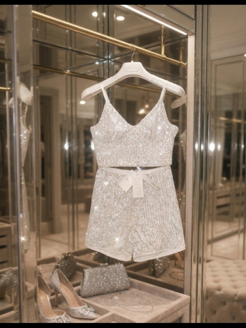 Sequin Two-Piece Crop Top & Shorts Set - Silver